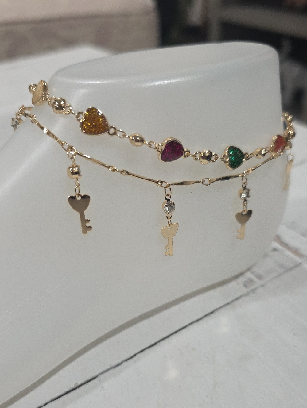 Q4k Gold Plated Multicolor Heart & Key Charm Ankle Bracelet